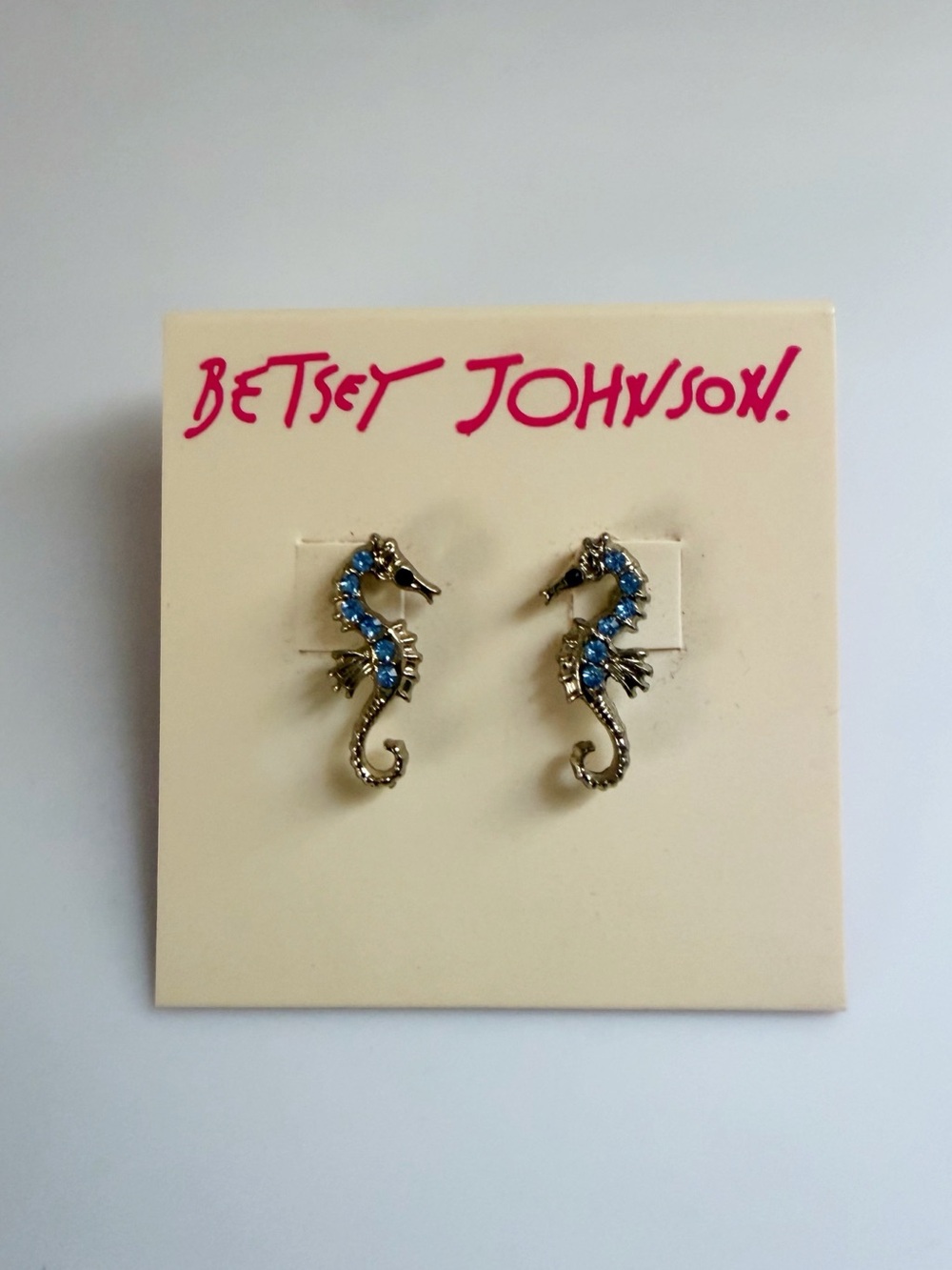 Betsey Johnson Seahorse Blue Rhinestone Silver Tone Post Stud Earrings